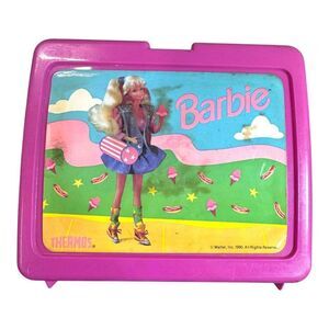 Vintage 1990 Barbie Core Matching Thermos Pink Lunchbox With Handle & Latch READ